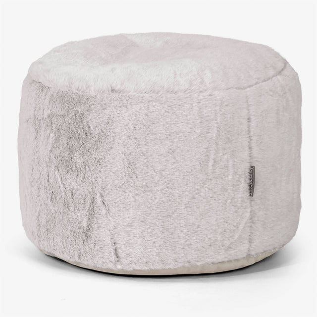 Kleiner runder Fußhocker - Kaninchen Kunstfell Hellgrau 01