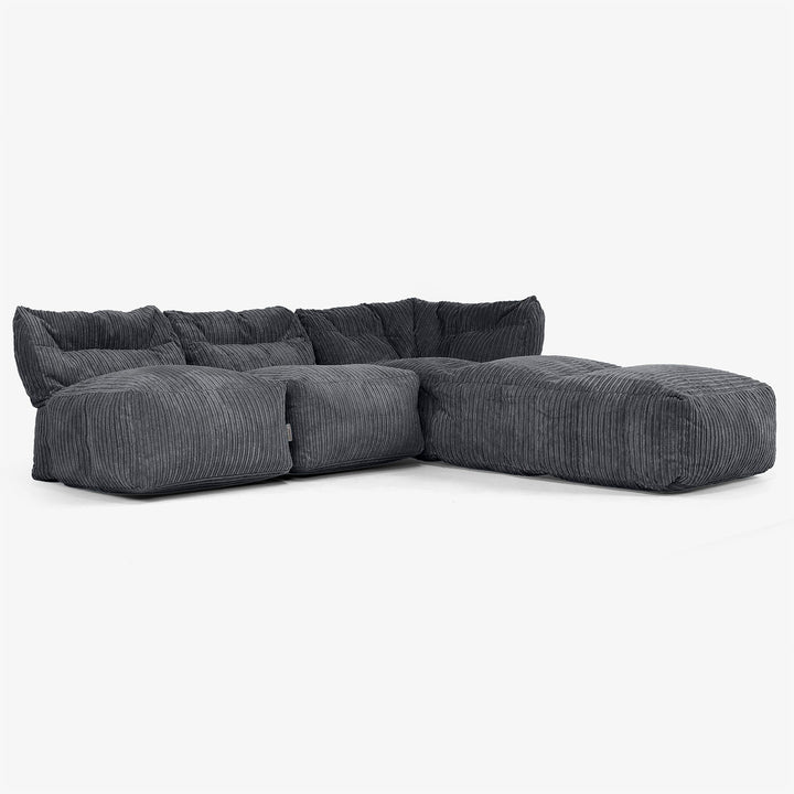 3-Sitzer Modulares Sofa-Set mit Récamiere rechts, ohne Armlehnen - Cord Schwarz 02
