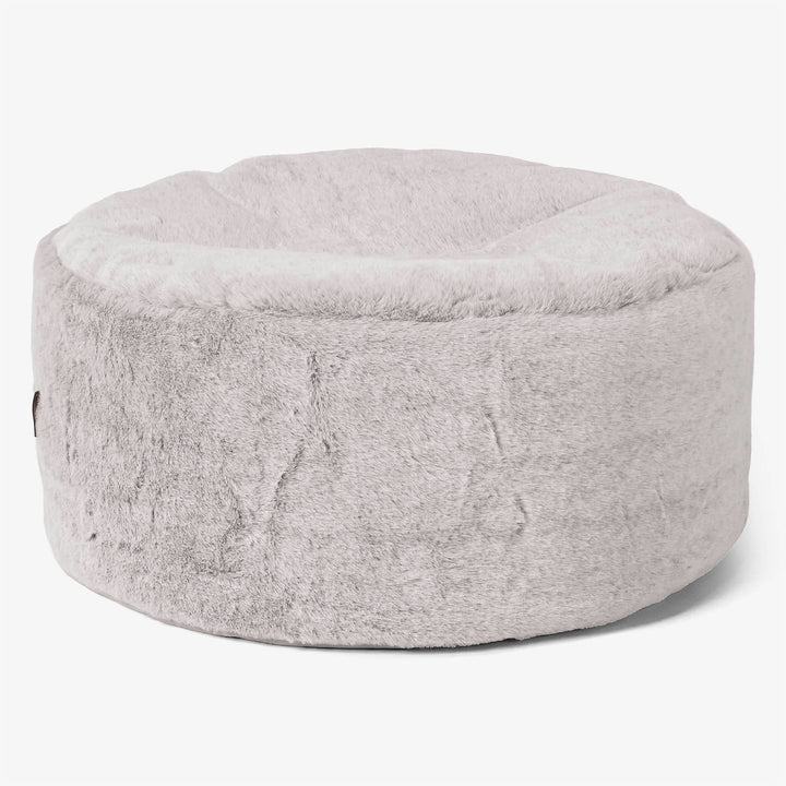 Großer runder Fußhocker - Kaninchen Kunstfell Hellgrau 01