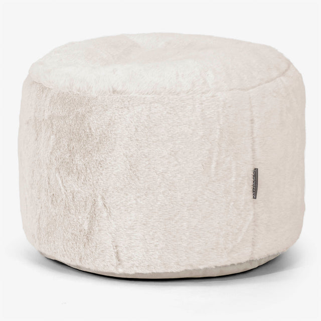 Kleiner runder Fußhocker - Kaninchen Kunstfell Weiß 01