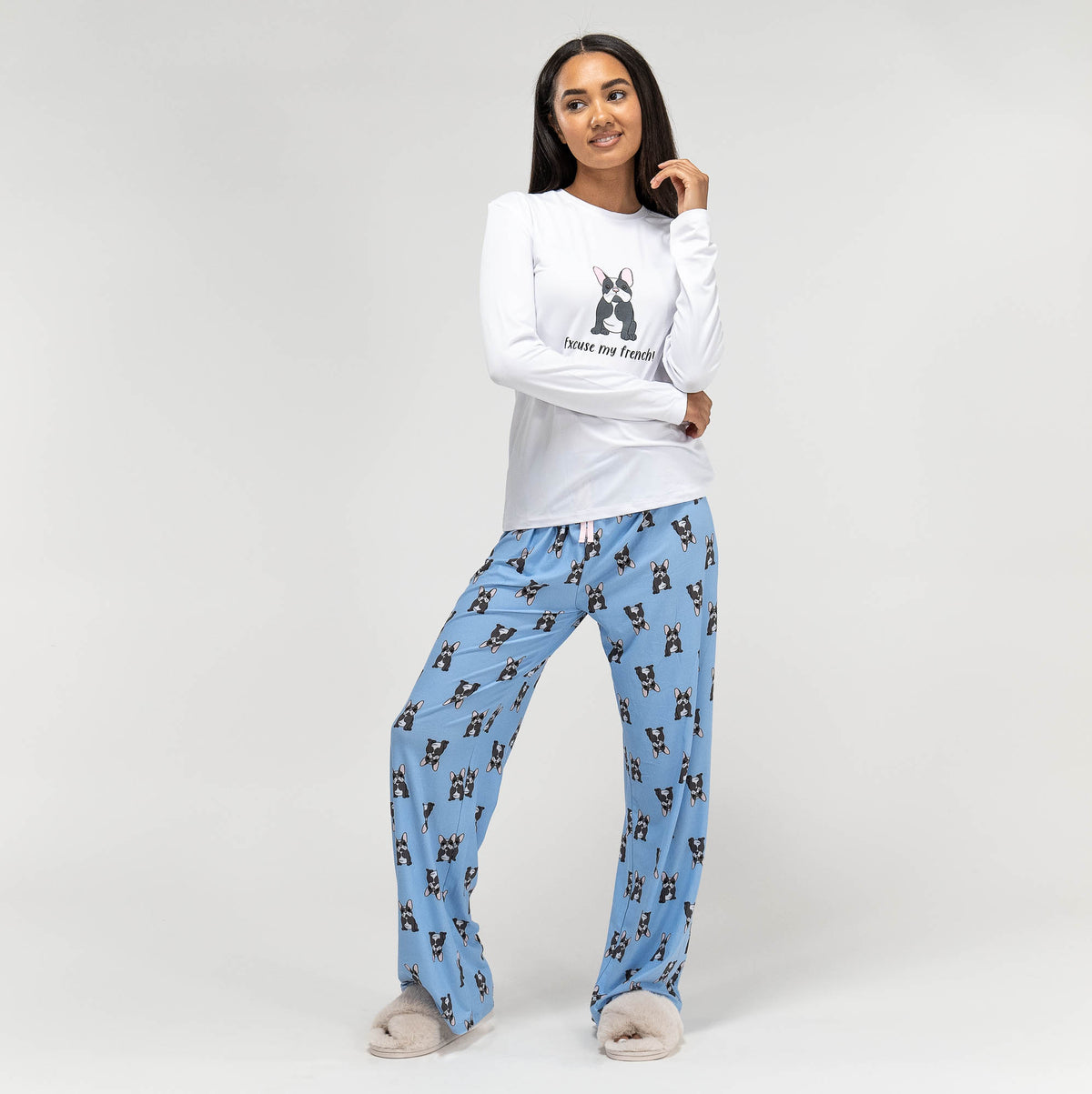 Damen-Jersey-Pyjama mit Frenchie-Slogan, Langärmeliges Oberteil & Hose,  Größe: S-L, Blau / Weiß– Big Bertha Original DE