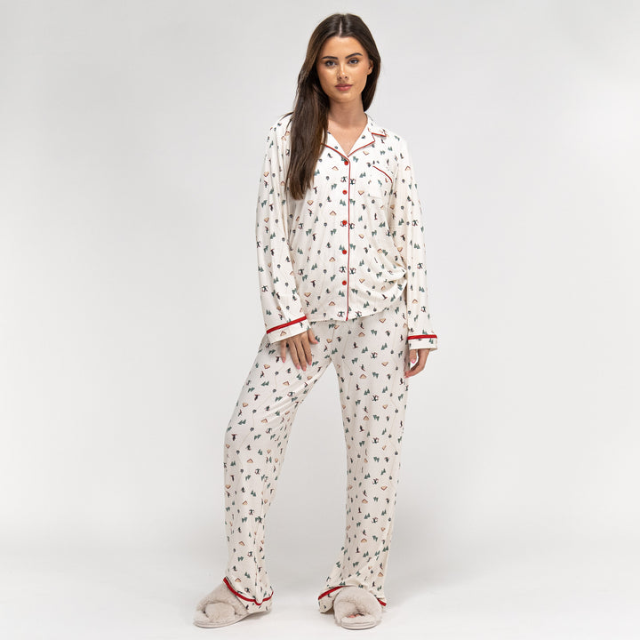 Damen Jersey Pyjamas mit Weihnachts-Skimotiv 01