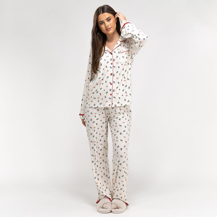Damen Jersey Pyjamas mit Weihnachts-Skimotiv 03