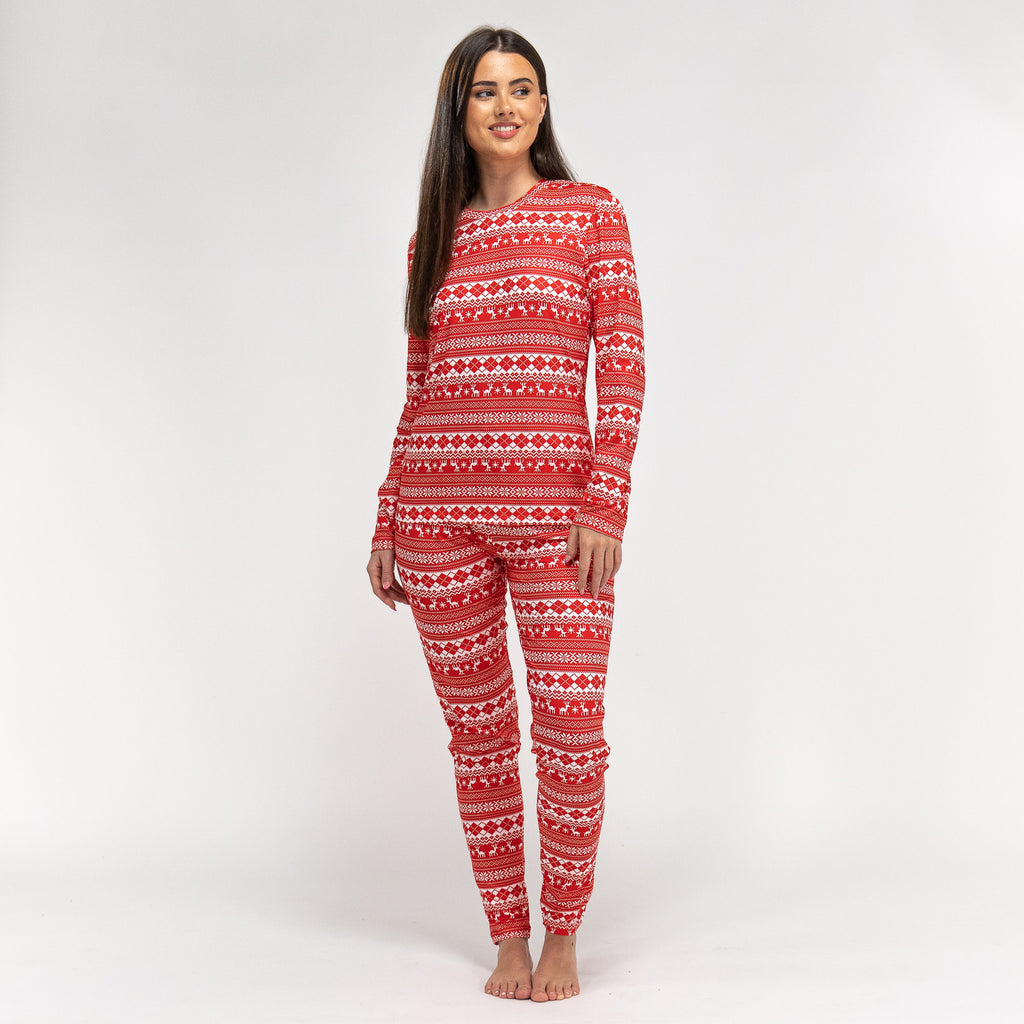 Damen Jersey Pyjamas mit Weihnachtsmotiv in Rot 02