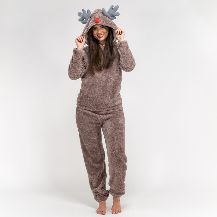 Damen Rentier Fleece-Onesie, 2 Teilig 01