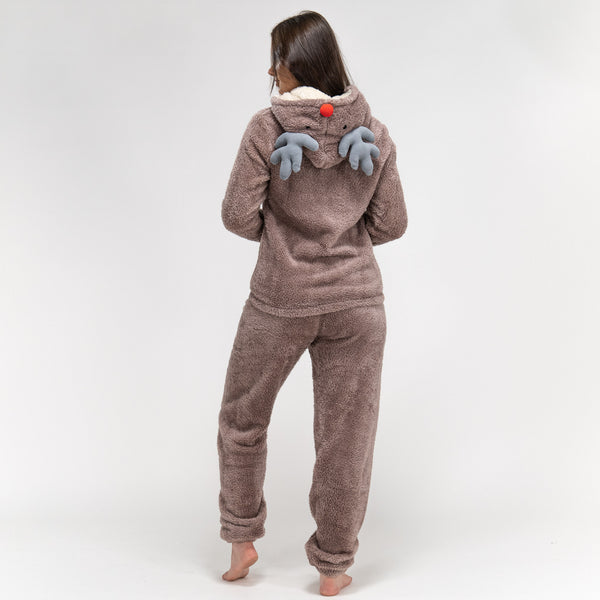 Damen Rentier Fleece-Onesie, 2 Teilig Fabric Close-up Image