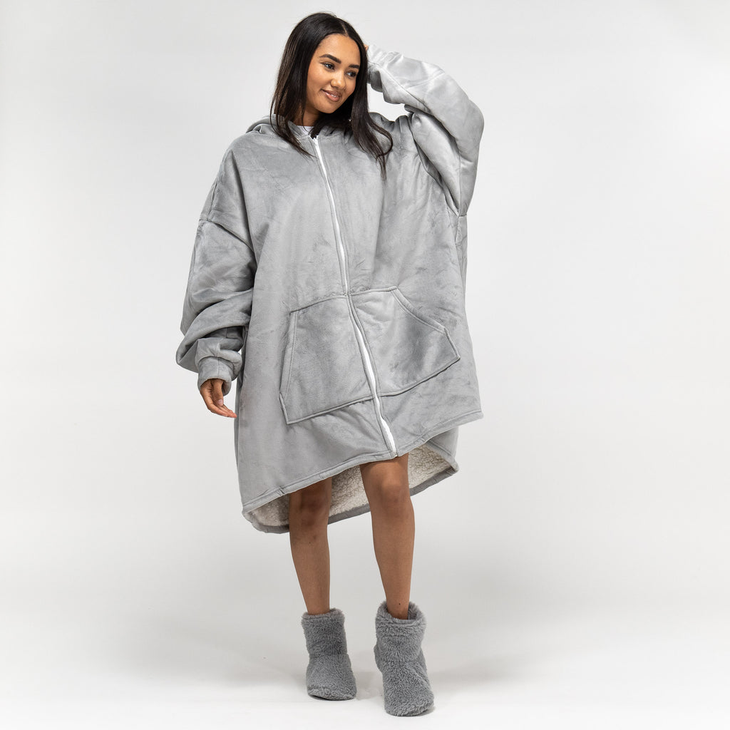 Hoodie Decke mit Reißverschluss für Erwachsene - Fleece Grau 01