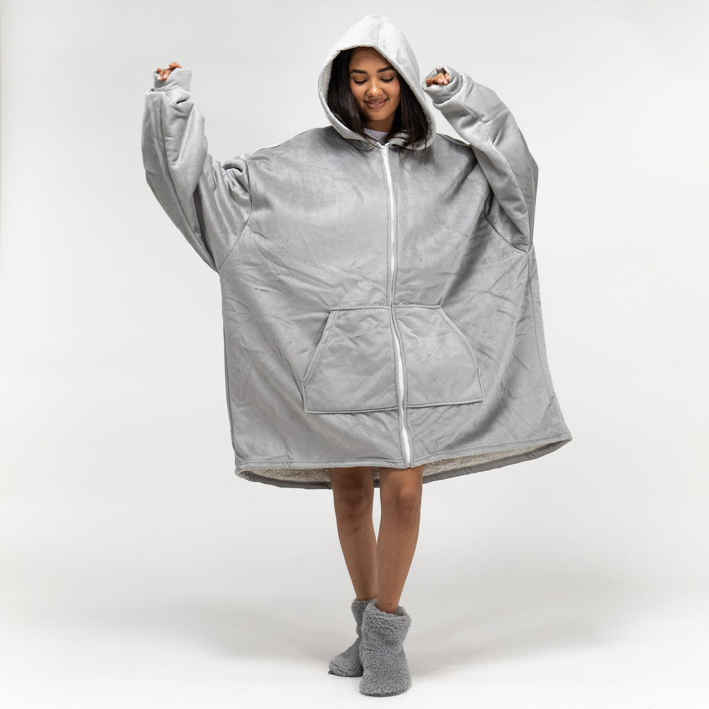 Hoodie Decke mit Reißverschluss für Erwachsene - Fleece Grau 02
