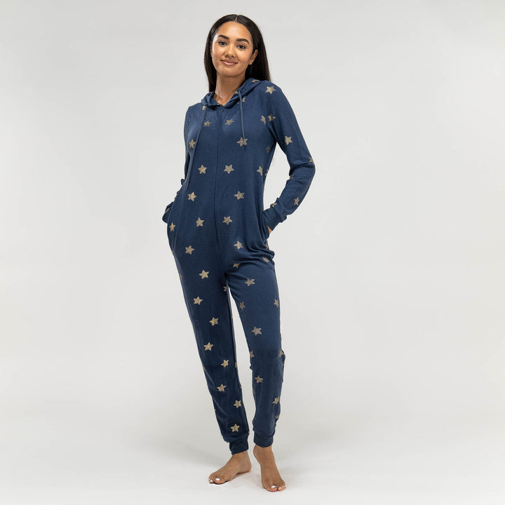 Marineblauer und goldener Stern Jersey Onesie für Damen 01