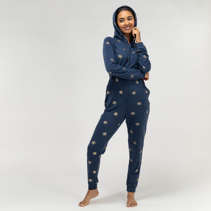 Marineblauer und goldener Stern Jersey Onesie für Damen 02