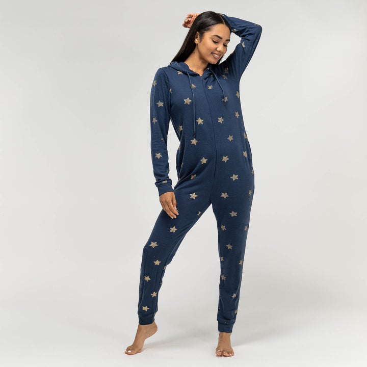 Marineblauer und goldener Stern Jersey Onesie für Damen 04