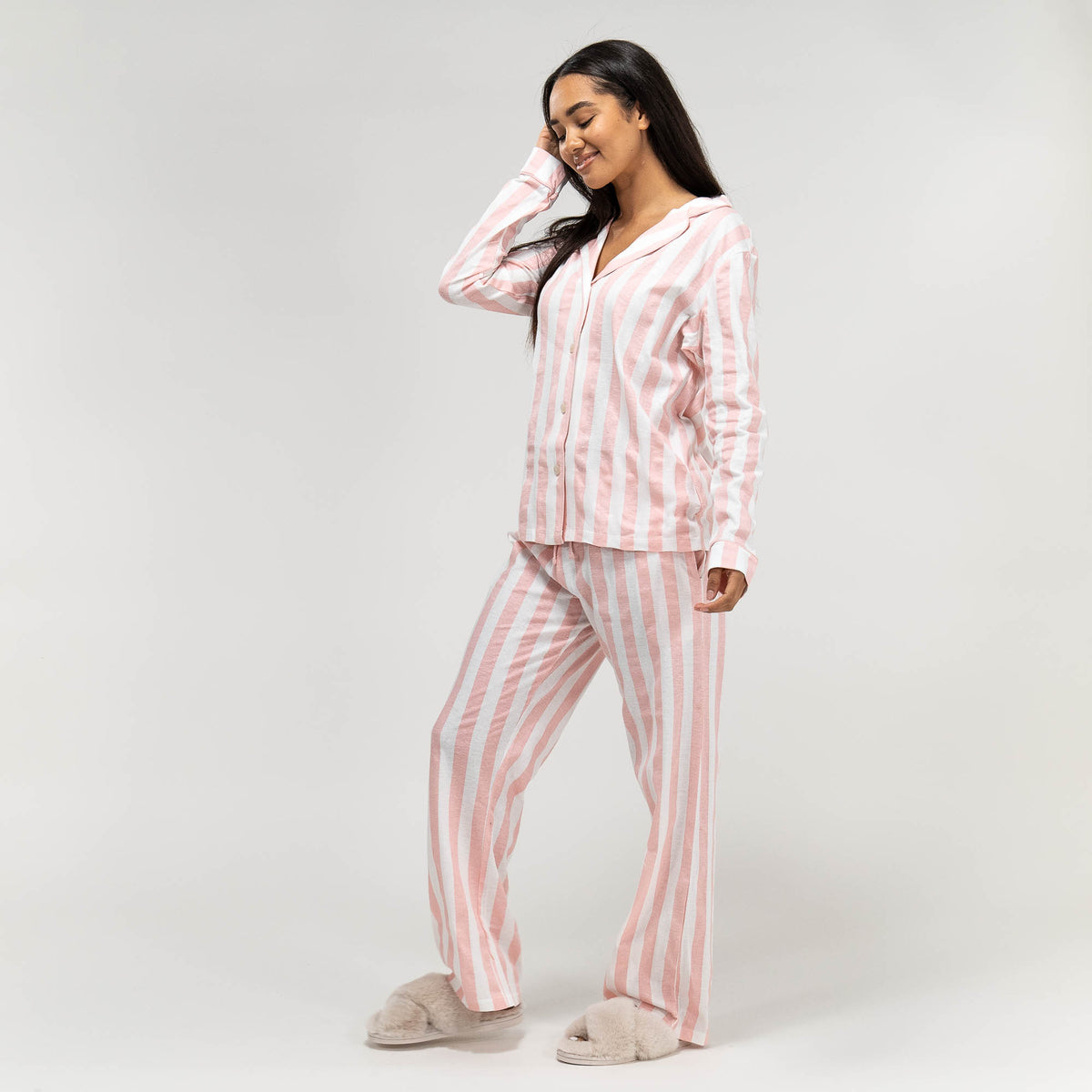 Rosa gestreifter Jersey-Pyjama für Damen, Langärmeliges Oberteil & Hose,  Größe: XS-L, Pink / Weiß– Big Bertha Original DE