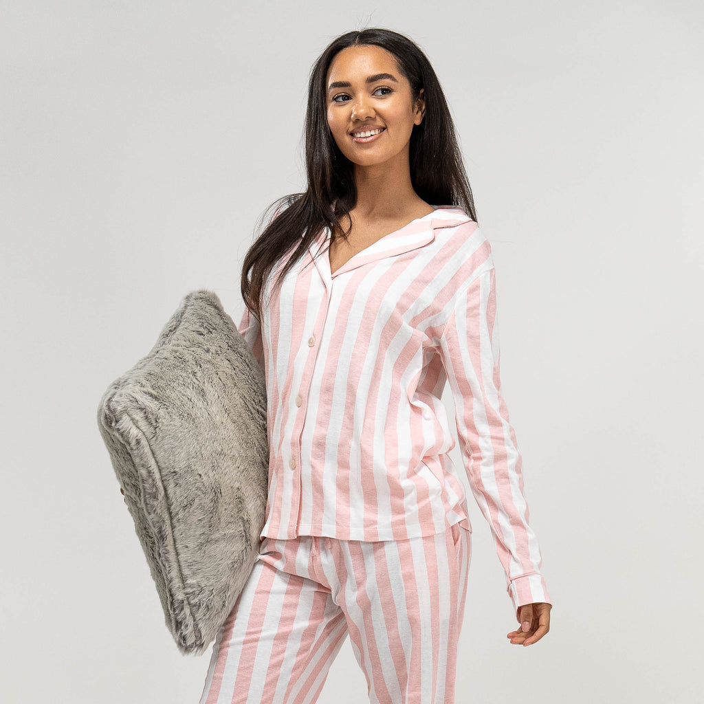 Rosa gestreifter Jersey-Pyjama für Damen, Langärmeliges Oberteil & Hose,  Größe: XS-L, Pink / Weiß– Big Bertha Original DE