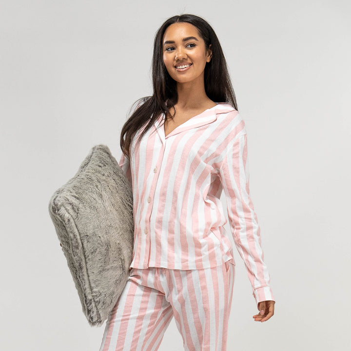 Rosa gestreifter Jersey Pyjama fur Damen Langarmeliges Oberteil Hose GroBe XS L Pink WeiB Big Bertha Original DE