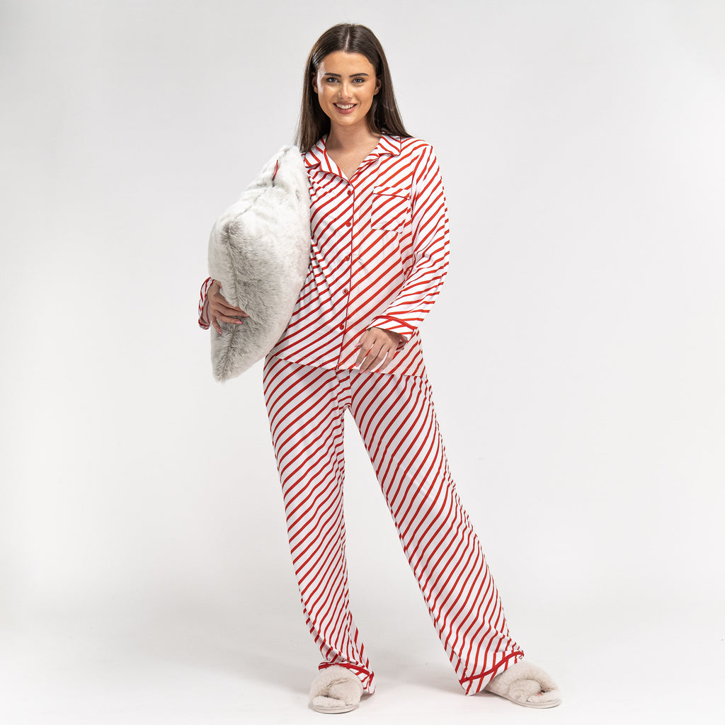 Rot gestreifte Damen Pyjamas mit Zuckerstangenmotiv 02