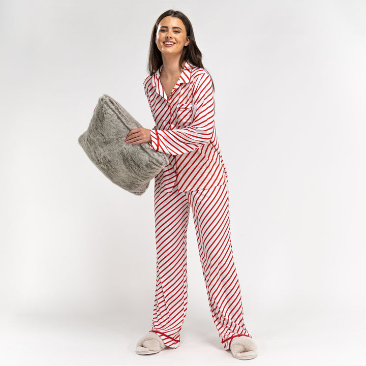 Rot gestreifte Damen Pyjamas mit Zuckerstangenmotiv 03