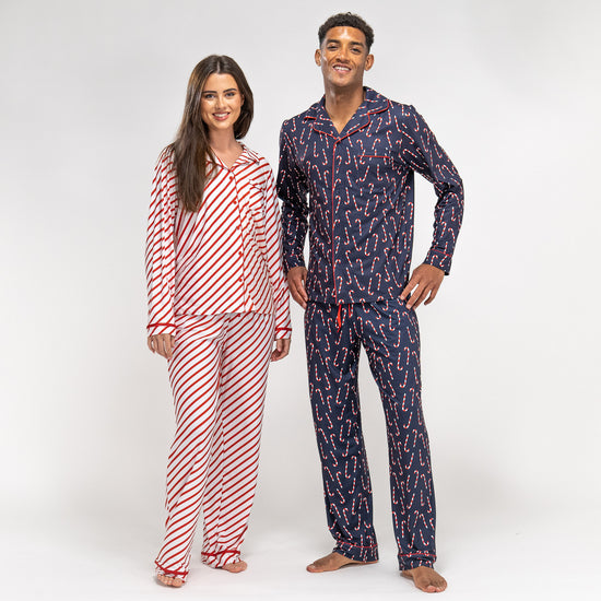 Rot gestreifte Damen Pyjamas mit Zuckerstangenmotiv 06