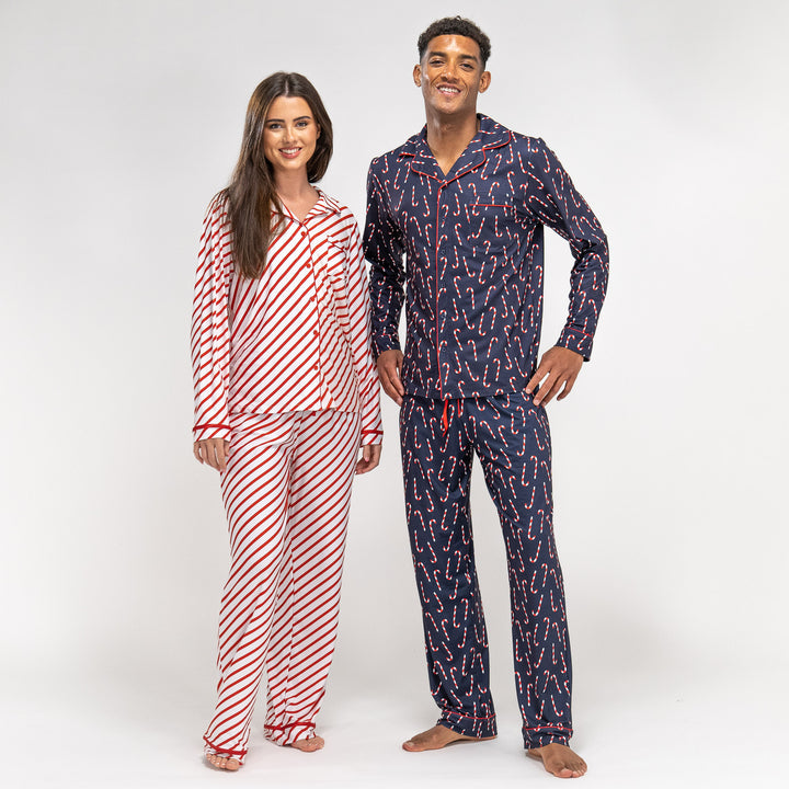 Rot gestreifte Damen Pyjamas mit Zuckerstangenmotiv 06