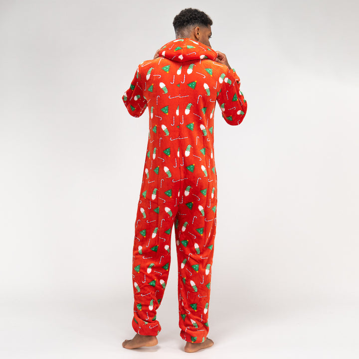 Roter Fleece-Onesie für Herren mit Weihnachtsmotiven 05