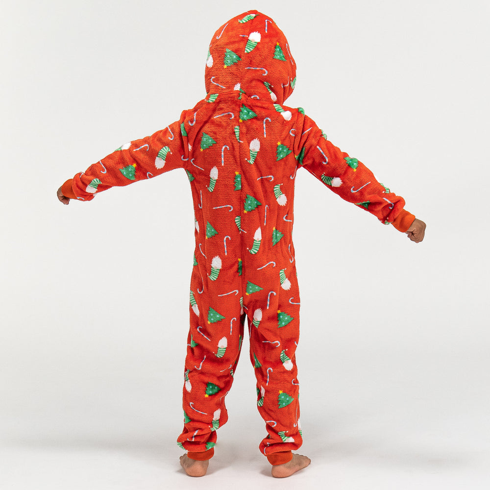 Roter Fleece Onesie für Kinder mit Weihnachtsmotiv 01